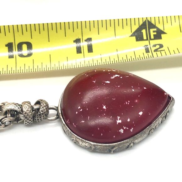 Vintage Made in Japan Silver Chain Necklace w/ Deep Red Stone Teardrop Pendant - Picture 5 of 6